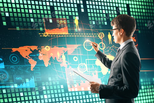 Preview: Attractive Young Businessman Using Digital Business Interface. Innovation And Hud Concept.