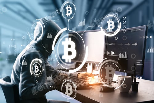 Preview: Side View Of Hacker In Blurry Interior Using Computers At Desk With Creative Glowing Bitcoin