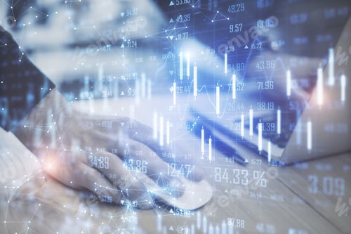 Preview: Businessman Hands Using Mouse With Stock Chart And Statistic Hologram. Business And Financial