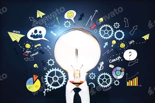 Preview: Brainstorming And Idea Concept With Glowing Light Bulb Instead Of Head On Businessman Body And