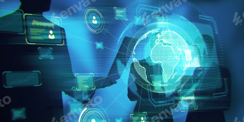 Preview: Businesspeople Working Together With Abstract Digital Business Interface On Dark Blue Background