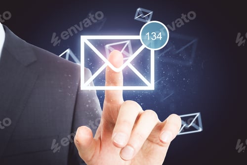 Preview: Hand With Digital Email Icon On Dark Background. Correspondense And App Concept