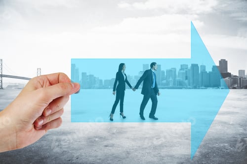 Preview: Hand Holding Arrow With Walking Businessman And Woman Couple On City Background. Growth And