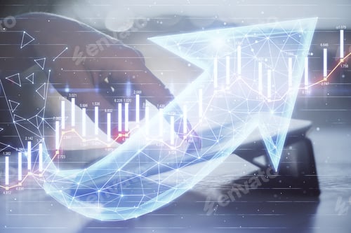 Preview: Businessman Hands Using Tablet With Business Chart And Polygonal Arrow Hologram. Finance And Trade