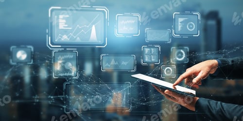 Preview: Close Up Of Businessman Hand Pointing At Tablet With Creative Business Chart Hologram On Blurry