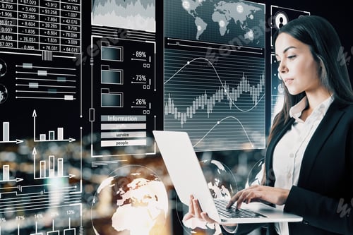 Preview: Attractive Young Businesswoman Using Laptop With Abstract Digital Business Interface On Blurry