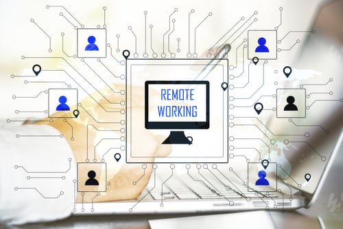 Preview: Hand With Phone Using Laptop In Workplace With Remote Work Interface. Remote Access Chain