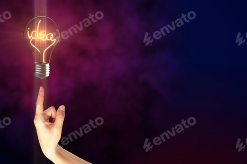 Preview: Hand With Creative Glowing Idea Lamp On Purple Smoke Background With Copy Space. Innovation And