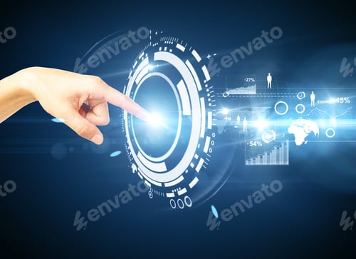 Preview: Hand Holding Digital Interface With Business Charts And Hr Icons