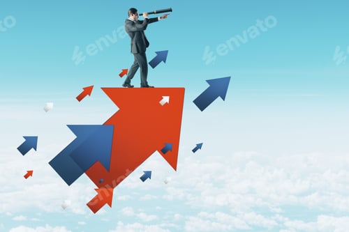 Preview: Businessman With Telescope Standing On Abstract Color Arrows On Blue Sky Background. Success And