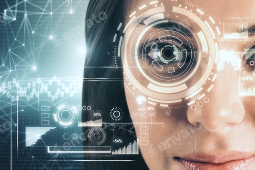 Preview: Young Businesswoman With Face Access Interface. Biometrics And Innovation Concept. Double Exposure