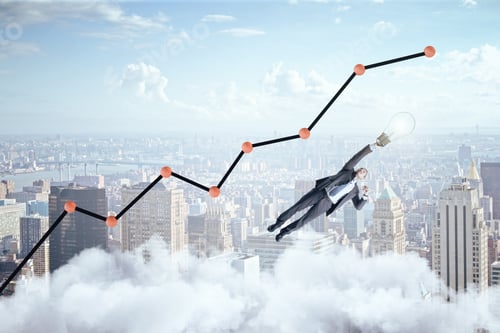 Preview: Businessman Flying With Lamp Over The City And Business Charts And Stock Analytics. Success And