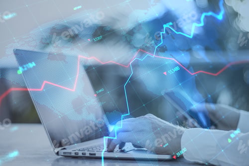 Preview: Close Up Of Businessman Hands Using Laptop Keyboard And Smartphone With Creative Glowing Blue Map