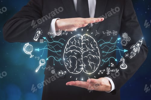 Preview: Businessman Holding Abstract Business Sketch On Blurry Blue Background. Brainstorming And Startup