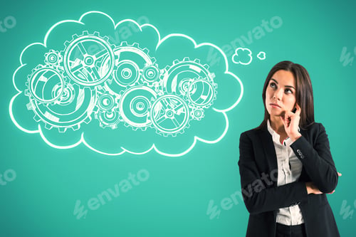 Preview: Portrait Of Attractive Young Businesswoman Thinking Of Cogwheels Sketch On Blue Background