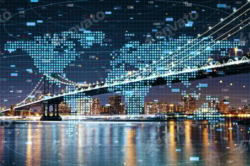 Preview: Map With Forex Candlestick Index On Blurry Night City Background. Global Trade And Analytics