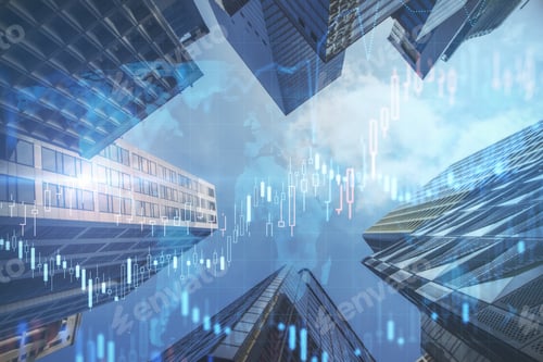 Preview: Bottom View Of Creative Night City Backdrop With Glowing Forex Graph And Skyline. Market Growth And