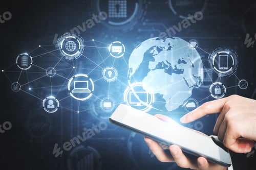 Preview: Side View And Close Up Of Businessman Hand Pointing At Tablet With Digital Business Hologram