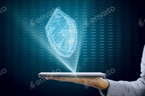 Preview: Hand Holding Smartphone With Creative Glowing Blue Polygonal Antivirus Shield On Dark Background
