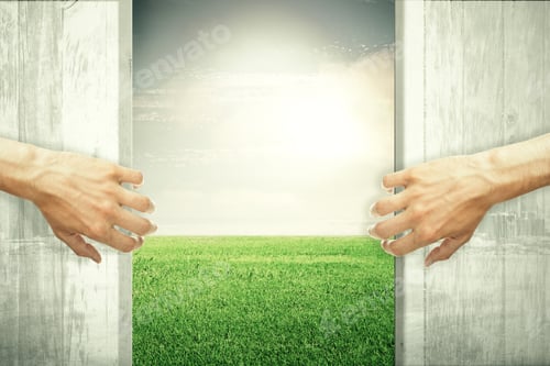 Preview: Hands Opening Abstract Wooden Doors, Revealing Green Meadow View. Nature Concept