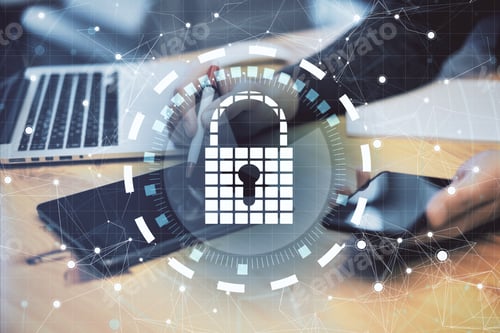 Preview: Close Up Of Hands Using Devices With Digital Padlock Interface On Desktop And Blurry Background