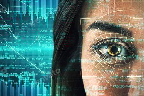 Preview: Access And Technology Concept. Abstract Woman Portrait With Face Id Eye Interface Om Blurry Blue