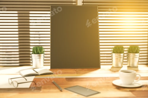 Preview: Blank Black Poster On Wooden Table With Grass In The Bucket, Smartphone And Cup Of Coffee, Mock Up