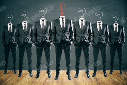 Preview: Row Of Question And Exclamation Mark Headed Businessmen Standing In Abstract Chalkboard Interior