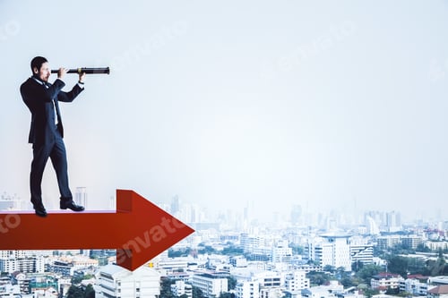 Preview: Businessman Standing On Red Arrow And Using Binoculars To Look Into The Distance On City