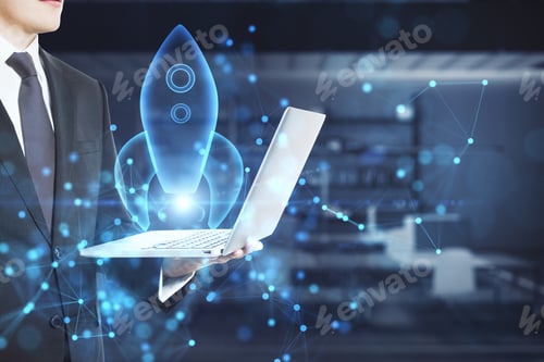 Preview: Close Up Of Businessman Hand Holding Laptop With Abstract Glowing Blue Rocket Space Ship On Blurry