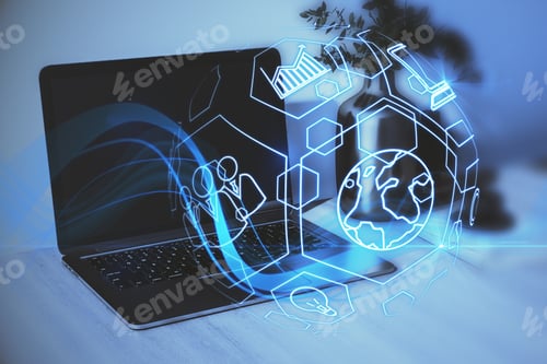 Preview: Close Up Of Workplace With Laptop And Creative Blue Spherical Business Interface On Blurry