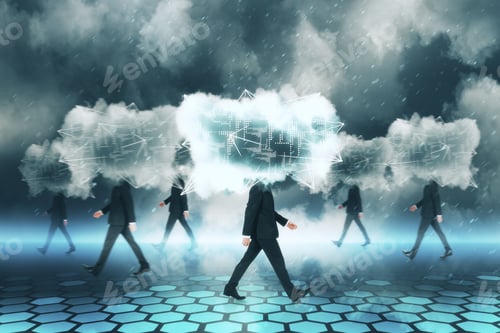 Preview: Cloud Headed Businessmen Walking On Blurry Background. Cloud Computing And Database Concept
