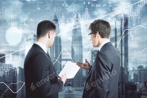 Preview: Two Businessmen Analyze Business Report With Stock Charts On City Background. Trade And Teamwork
