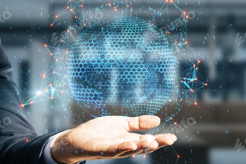 Preview: Close Up Of Businessman Hand Holding Abstract Globe Sphere With Coding And Polygonal Network On