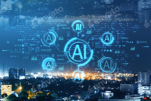 Preview: Creative Glowing Smart City Background With Digital Hologram And Dark Night Sky. Ai And Technology