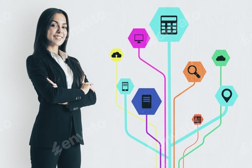 Preview: Portrait Of Happy Young Businessman Standing On White Wall Background With Creative Colorful Media