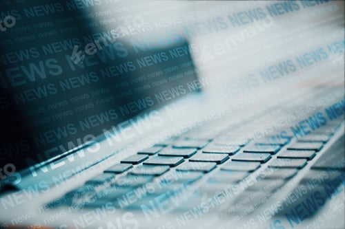 Preview: Close Up Of Laptop With Creative News Header Hologram On Blurry Background. Information And