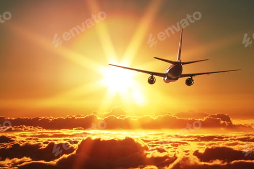 Preview: Plane Is Taking Off At Sunset