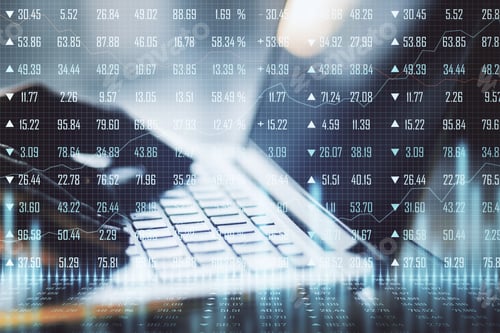 Vista previa: Hand Using Of Laptop With Abstract Forex Chart Hologram On Blurry Background. Business And
