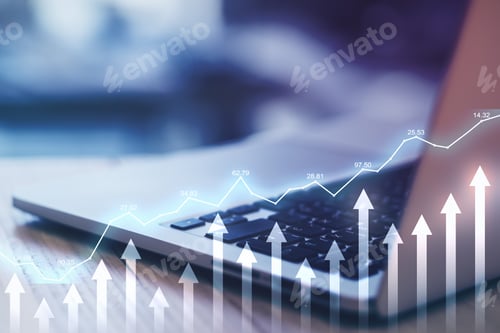 Preview: Investing Concept With Digital Stock Market Chart And Growing Arrows At Laptop Background. Double