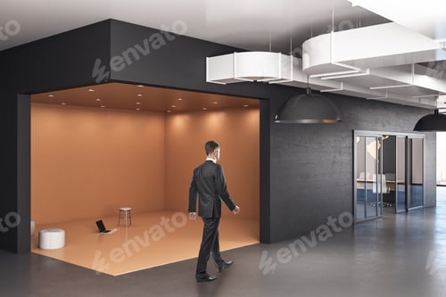 Preview: Businessman Walking In Yellow Office Hall In Futuristic Interior. Occupation And Worker Concept.