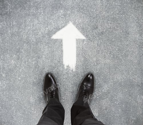 Preview: Top View Of Businessmen Feet On Concrete Floor With Drawn Arrow. Hope Concept