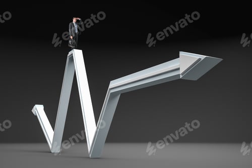 Preview: Businessman Standing On Abstract White Arrow And Looking Into The Distance On Gray Background