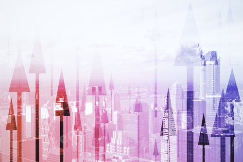 Preview: Abstract Arrows On Pik City Background. Success Concept. Double Exposure