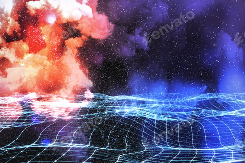 Preview: Glowing Digital Grid On Abstract Starry Sky Space Backdrop. Future And Innovation Concept. Double