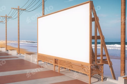 Preview: Empty Beach Banner. Advertisement Concept. Side View. Mock Up, 3D Rendering