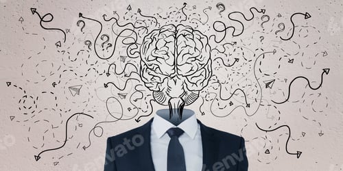 Preview: Abstract Businessman With Brain Head On Concrete Wall Backdrop With Arrows And Thought Icons