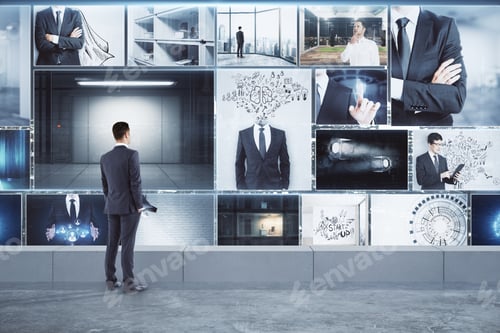 Preview: Businessman Looking At Abstract Business Picture Gallery. Technology And Success Concept