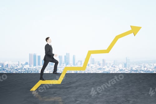 Preview: Businessman Walking On Yellow Stock Arrow On City Background. Business And Financial Success