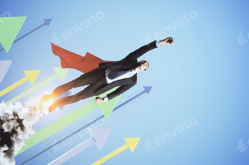 Preview: Super Man Launching On Creative Blue Background With Arrows. Leadership And Financial Growth Concept